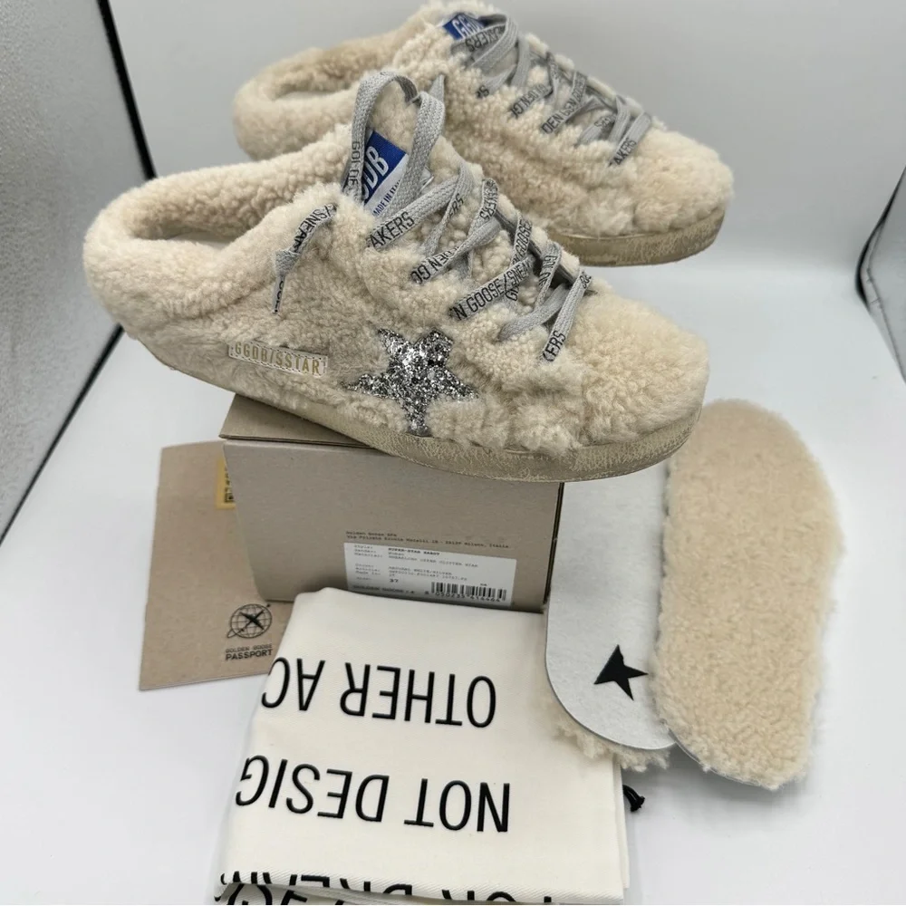 NWT Golden Goose Superstar Sabot Shearling Glitter Sneaker Mule Natural / Silver - Picture 16 of 16